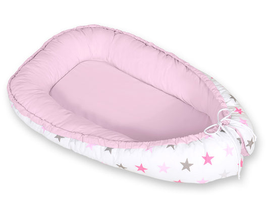 Baby nestje Dubbelzijdige Premium Cocoon for infants BOBONO- gray-pink stars/ gray – afbeelding 2