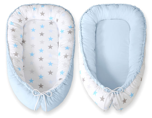 Baby nestje Dubbelzijdige Premium Cocoon for infants BOBONO- gray-blue stars/ blue – afbeelding 2