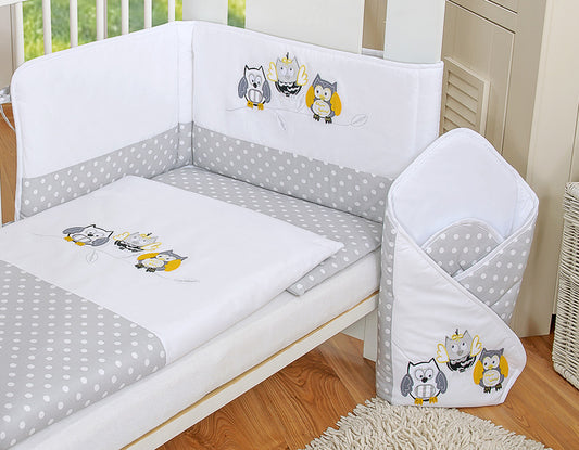 Baby bedding set 135x100 cm with bumper 3-pcs Grey owls with grey and yellow embroidery – afbeelding 2
