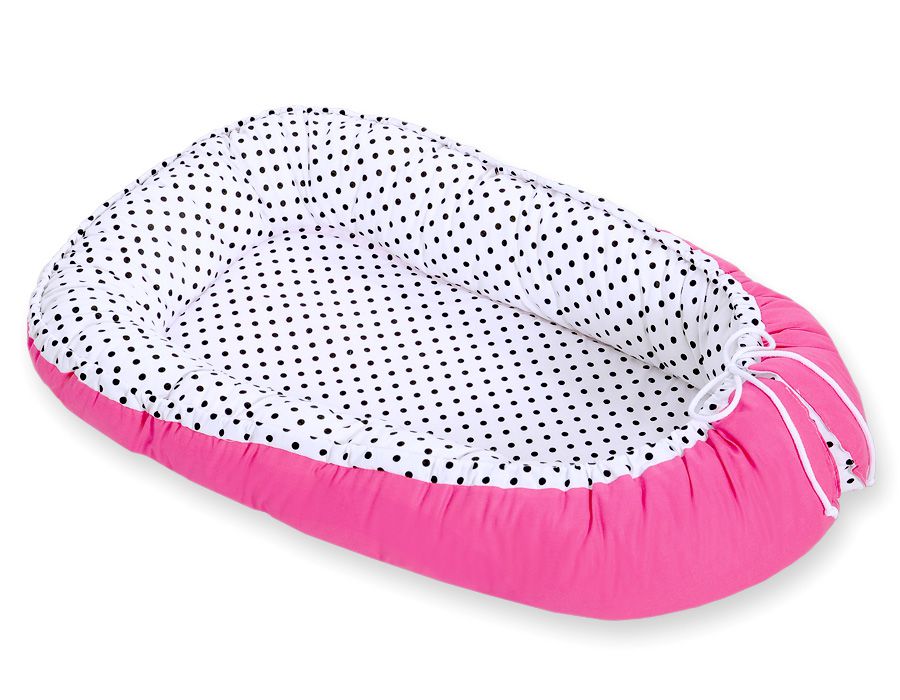 Baby nestje Dubbelzijdige Premium Cocoon for infants BOBONO- balck dots/ dark pink – afbeelding 4