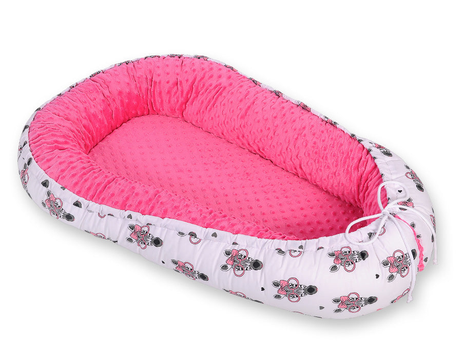 Baby nestje Dubbelzijdige Premium Cocoon for infants BOBONO minky- pink zebras – afbeelding 5