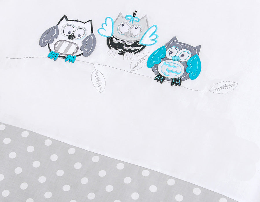 Baby bedding set 135x100 cm with bumper 3-pcs Grey Owls with grey and turquoise embroidery – afbeelding 4