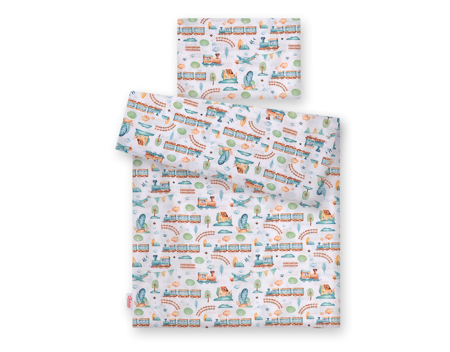 Baby cotton bedding set 2-pcs 120x90 cm- turquoise train – afbeelding 3