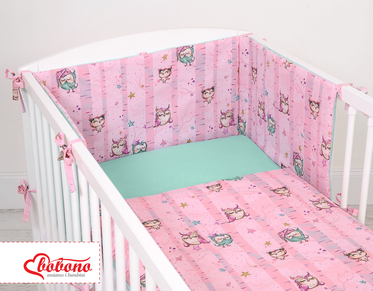 Universal bumper for cot - owls pink-mint – afbeelding 4