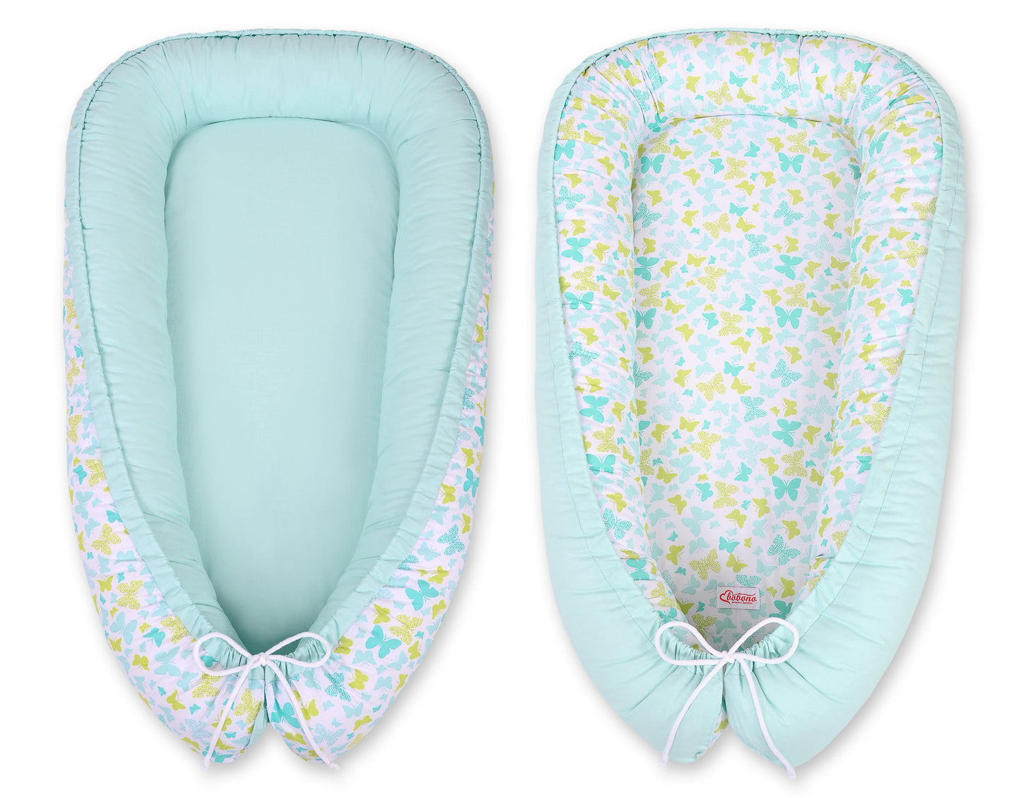 Baby nestje Dubbelzijdige Premium Cocoon for infants BOBONO- blue butterflies/mint – afbeelding 6