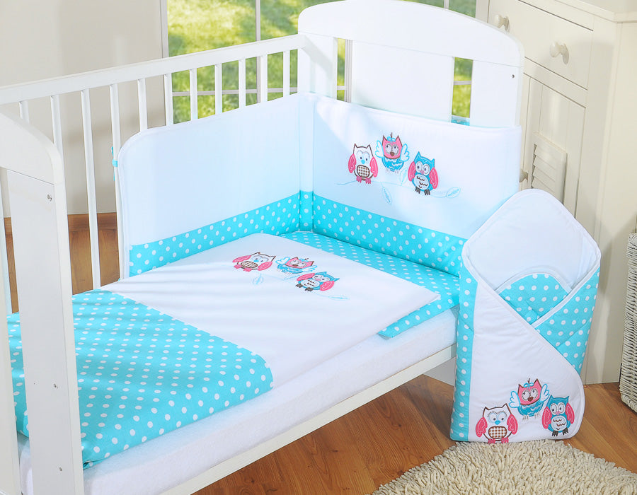 Baby bedding set 120x90 cm with bumper 3-pcs Turquoise Owls with pink and turquoise embroidery – afbeelding 2