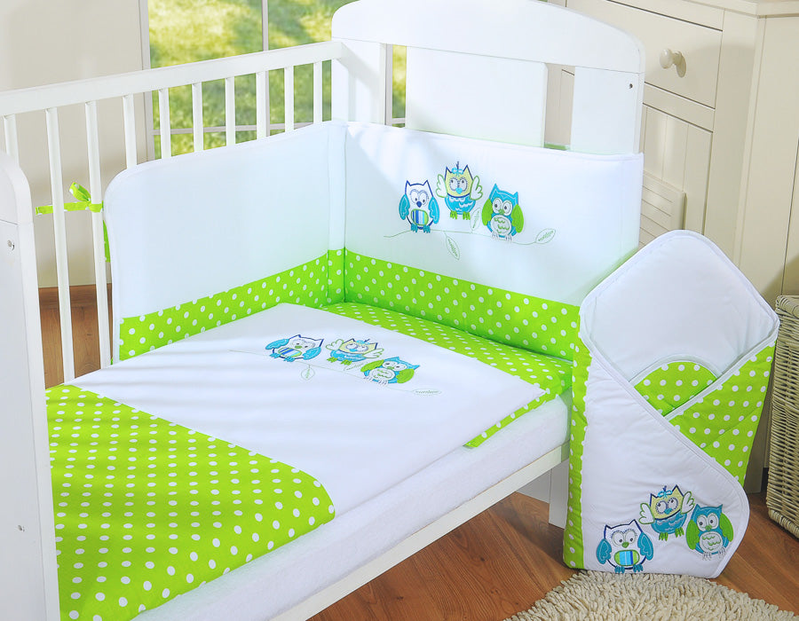 Baby bedding set 135x100 cm with bumper 3-pcs Green Owls with green and turquoise embroidery – afbeelding 2