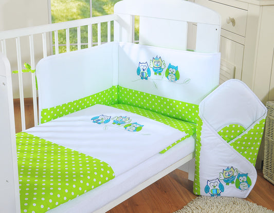 Baby bedding set 135x100 cm with bumper 3-pcs Green Owls with green and turquoise embroidery – afbeelding 2