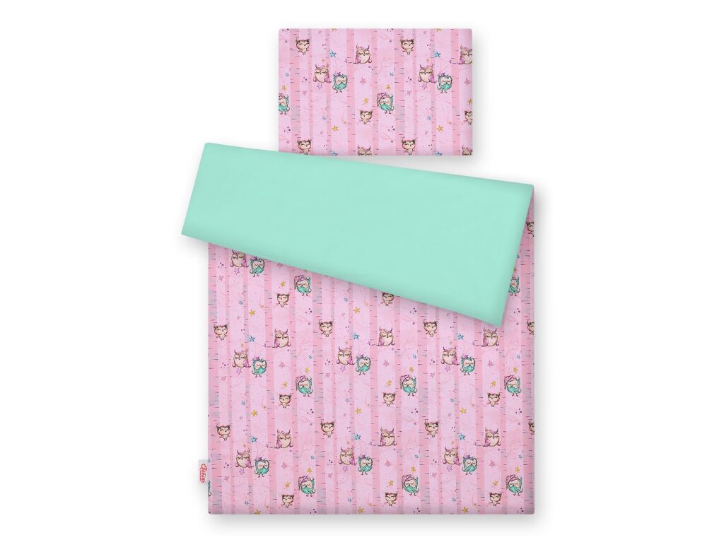 Baby cotton bedding set 2-pcs 120x90 cm- owls pink-mint – afbeelding 3