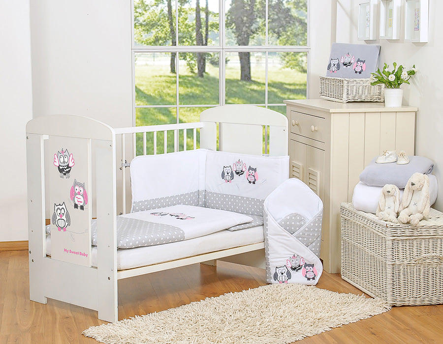 Baby bedding set 120x90 cm with bumper 3-pcs Grey Owls with grey and pink embroidery – afbeelding 1