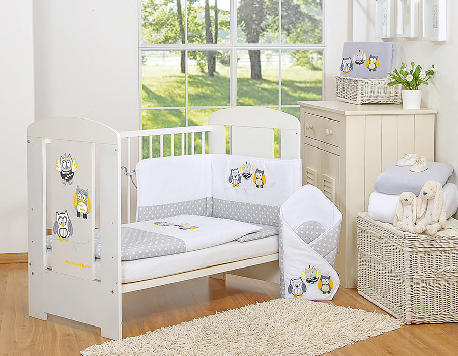 Baby bedding set 120x90 cm with bumper 3-pcs Grey owls with grey and yellow embroidery – afbeelding 1