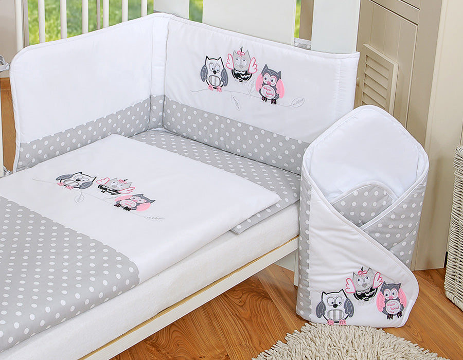 Baby bedding set 135x100 cm with bumper 3-pcs Grey Owls with grey and pink embroidery – afbeelding 2