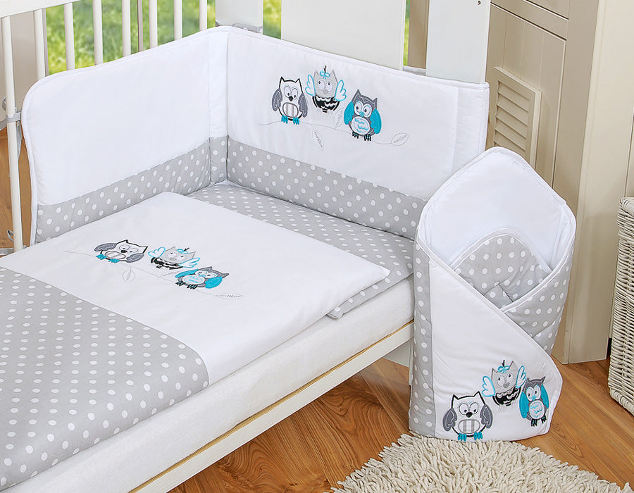 Baby bedding set 135x100 cm with bumper 3-pcs Grey Owls with grey and turquoise embroidery – afbeelding 2