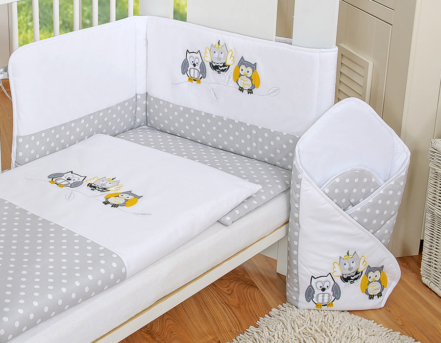 Baby bedding set 120x90 cm with bumper 3-pcs Grey owls with grey and yellow embroidery – afbeelding 2