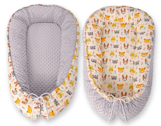 Baby nestje Dubbelzijdige Premium Cocoon for infants BOBONO minky- cream animals – afbeelding 2