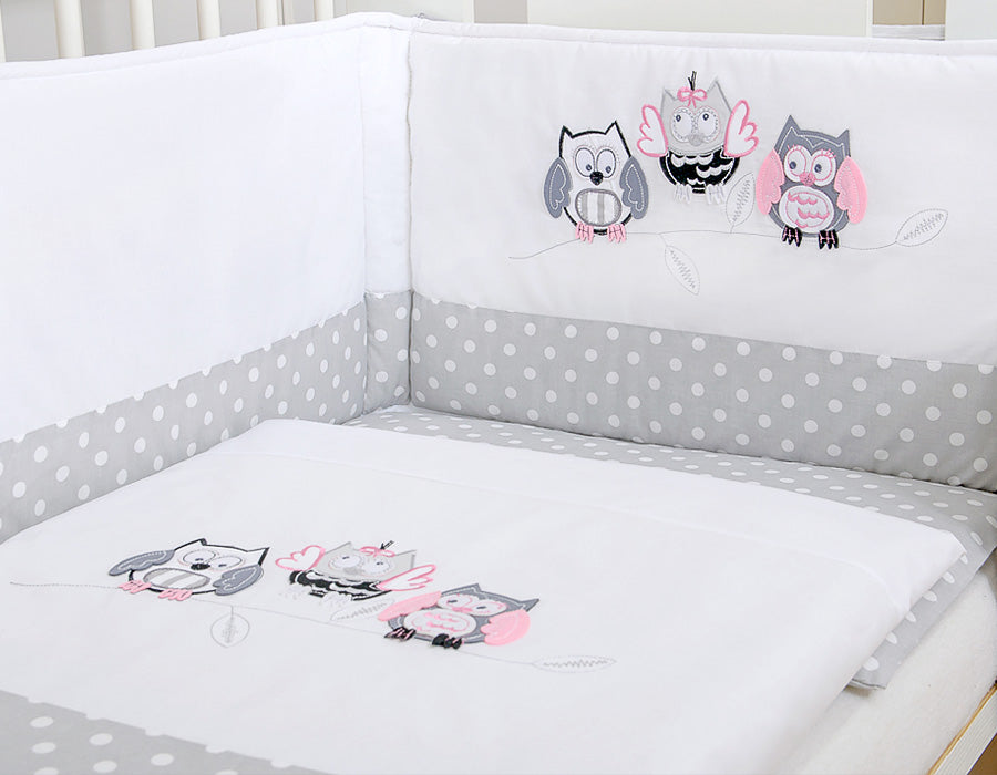 Baby bedding set 120x90 cm with bumper 3-pcs Grey Owls with grey and pink embroidery – afbeelding 3