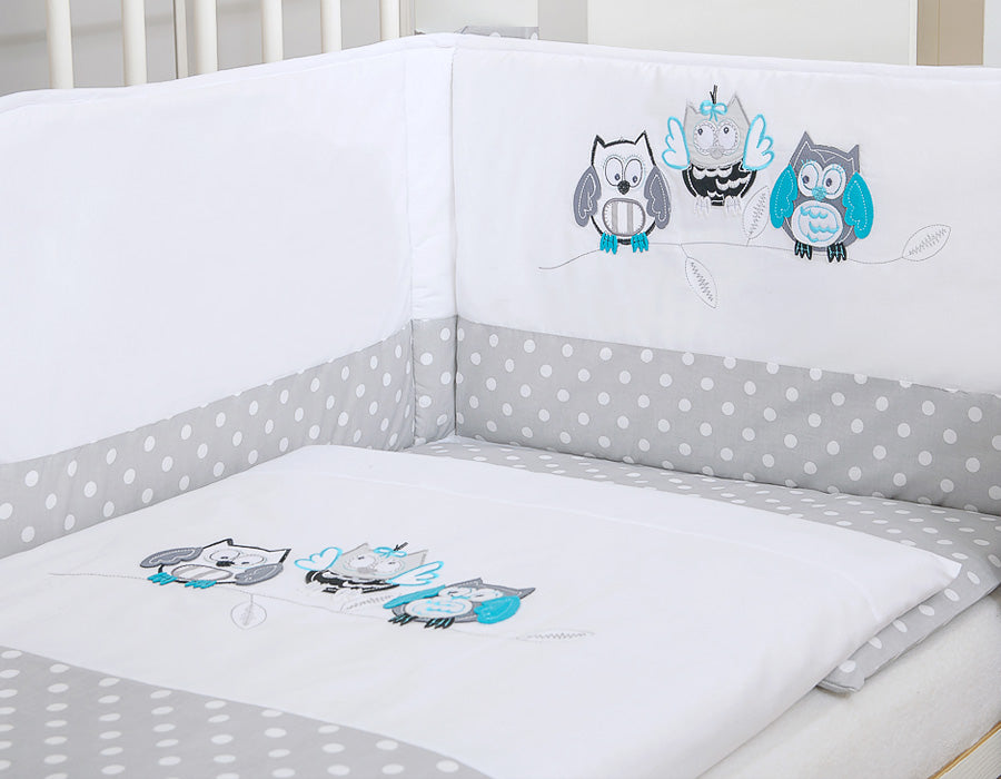 Baby bedding set 135x100 cm with bumper 3-pcs Grey Owls with grey and turquoise embroidery – afbeelding 3