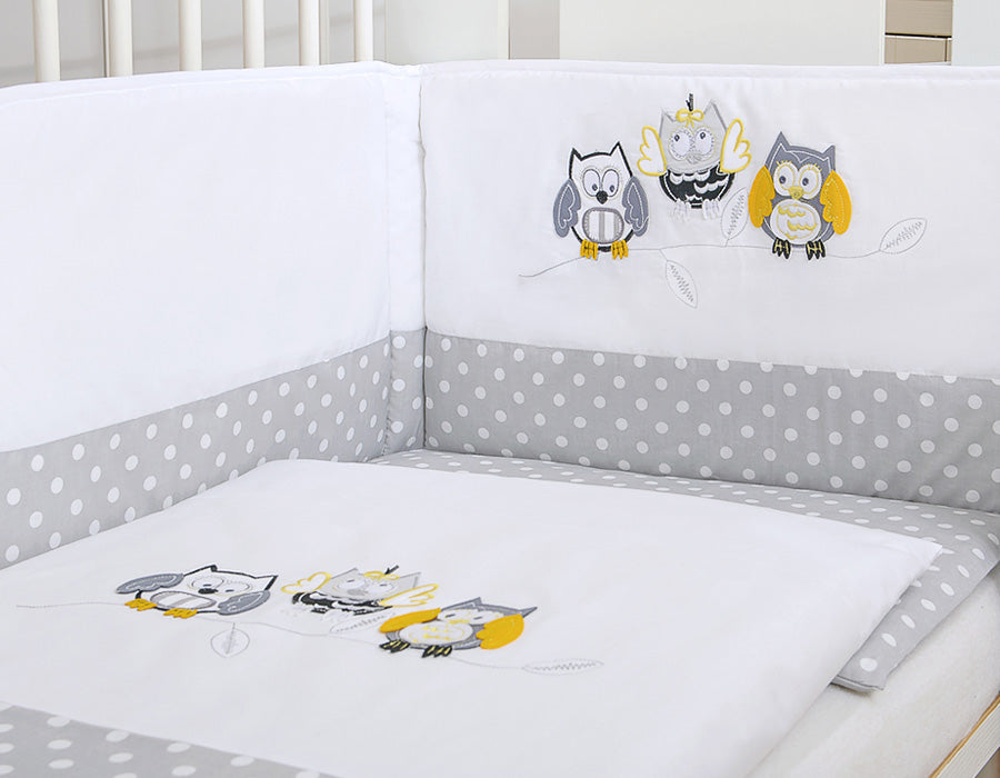 Baby bedding set 120x90 cm with bumper 3-pcs Grey owls with grey and yellow embroidery – afbeelding 3