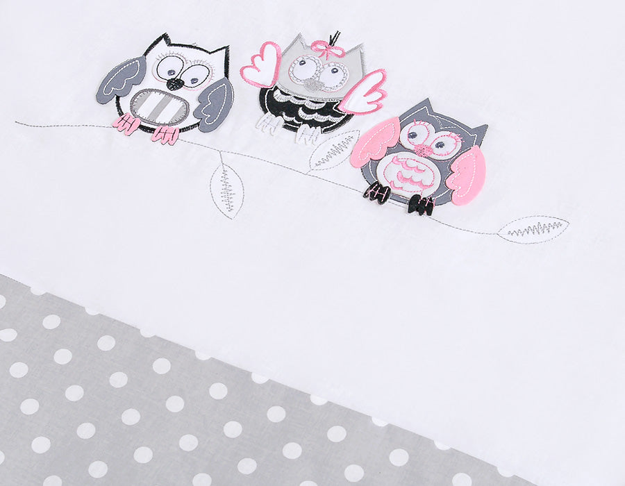 Baby bedding set 135x100 cm with bumper 3-pcs Grey Owls with grey and pink embroidery – afbeelding 4