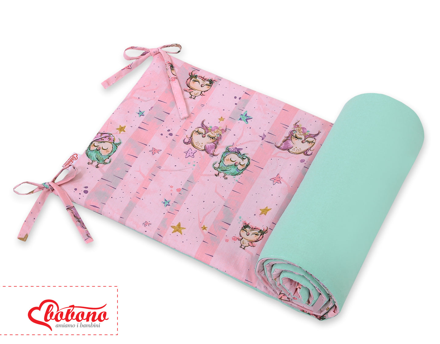 Universal bumper for cot - owls pink-mint – afbeelding 2