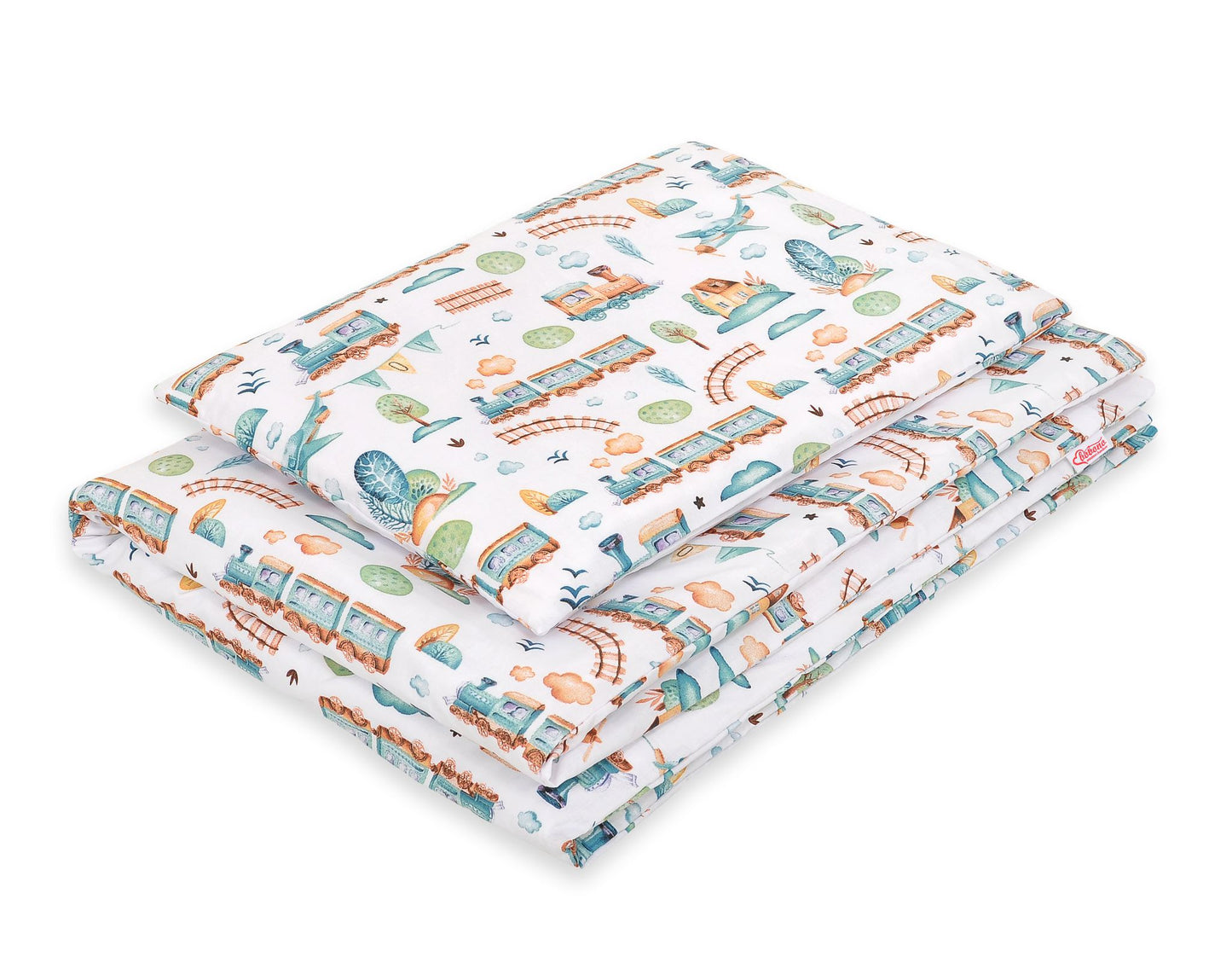 Baby cotton bedding set 2-pcs 120x90 cm- turquoise train – afbeelding 1
