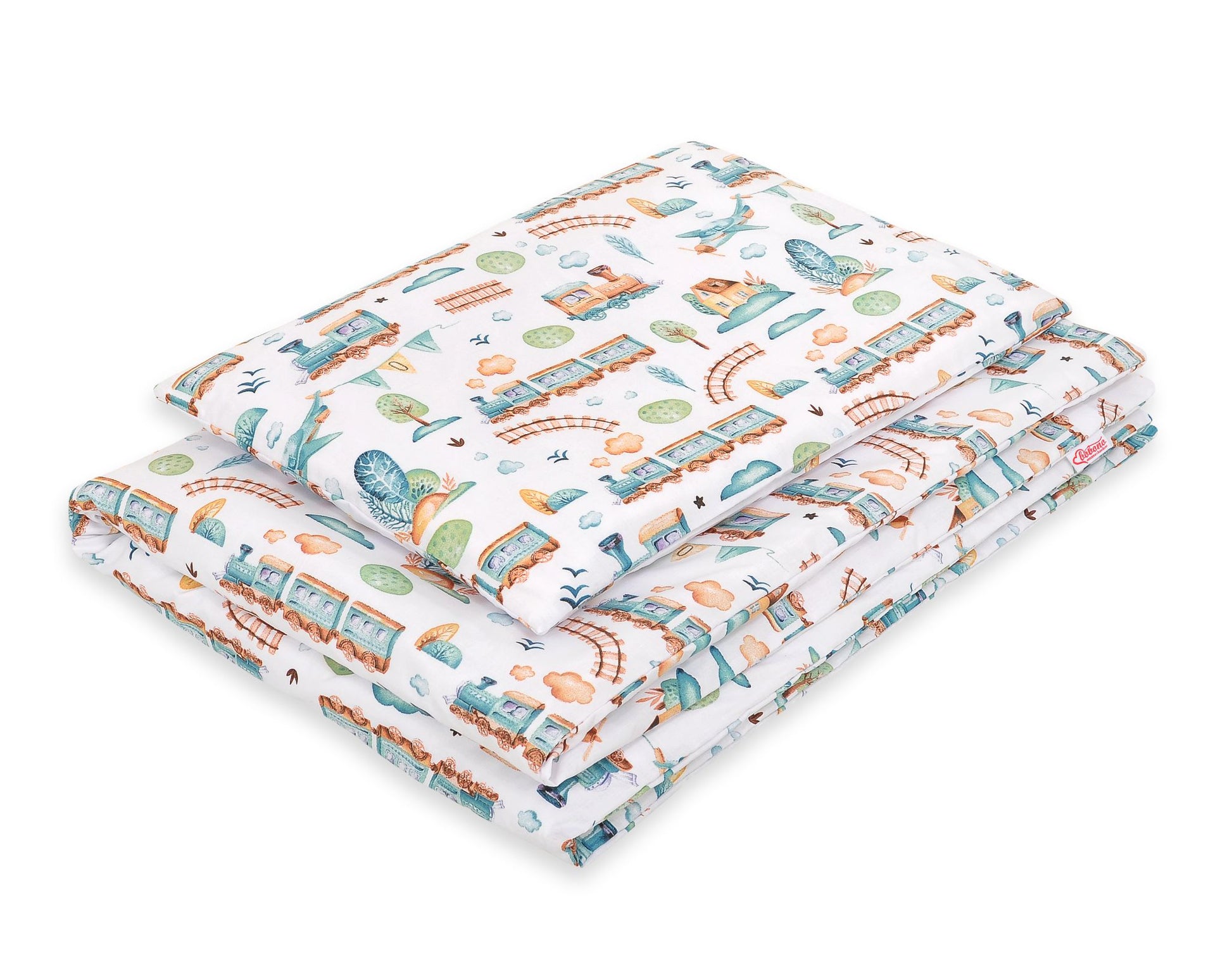 Baby cotton bedding set 2-pcs 120x90 cm- turquoise train – afbeelding 1