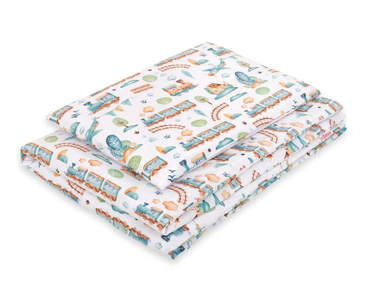 Baby cotton bedding set 2-pcs 120x90 cm- turquoise train – afbeelding 1