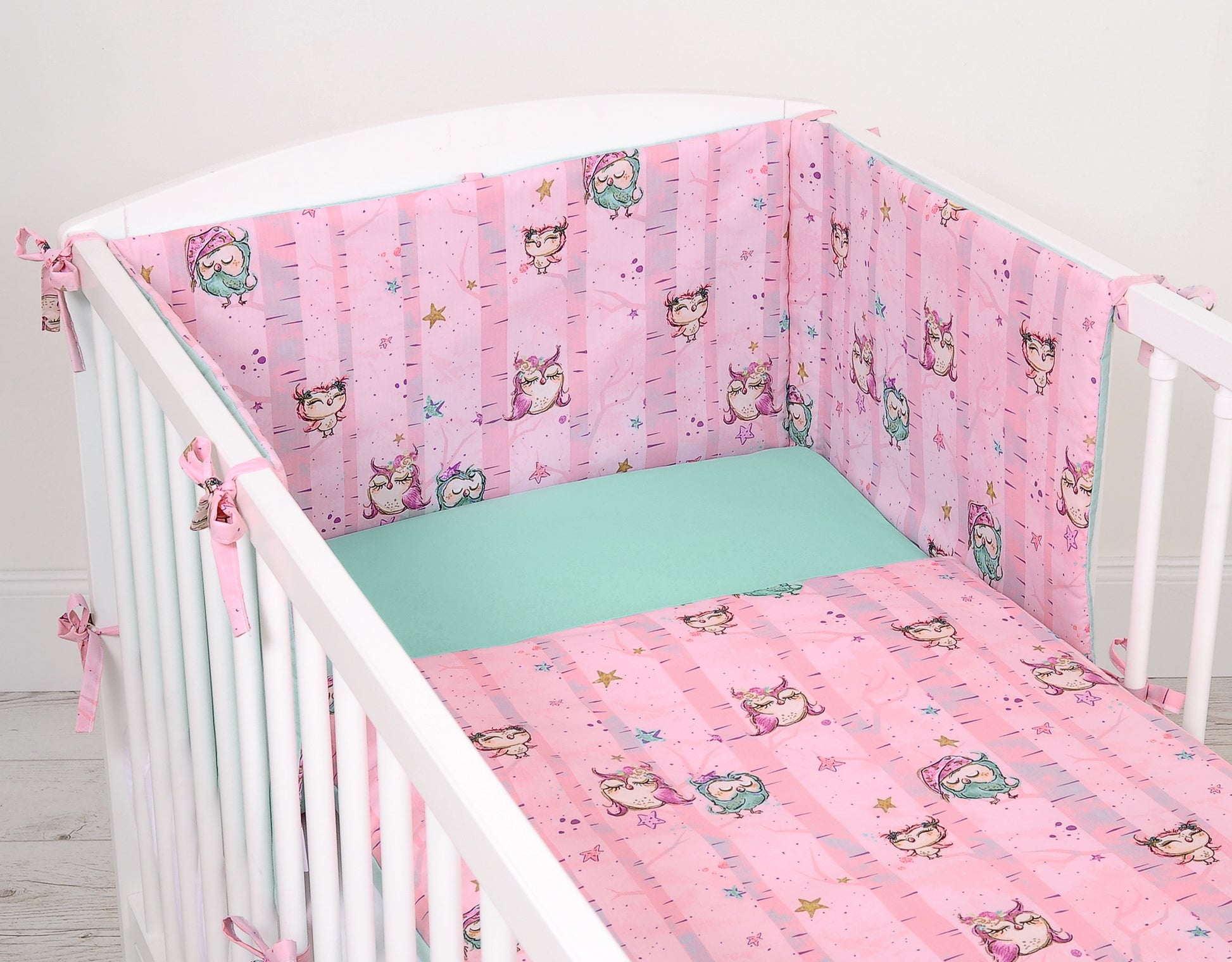 Universal bumper for cot - owls pink-mint – afbeelding 3