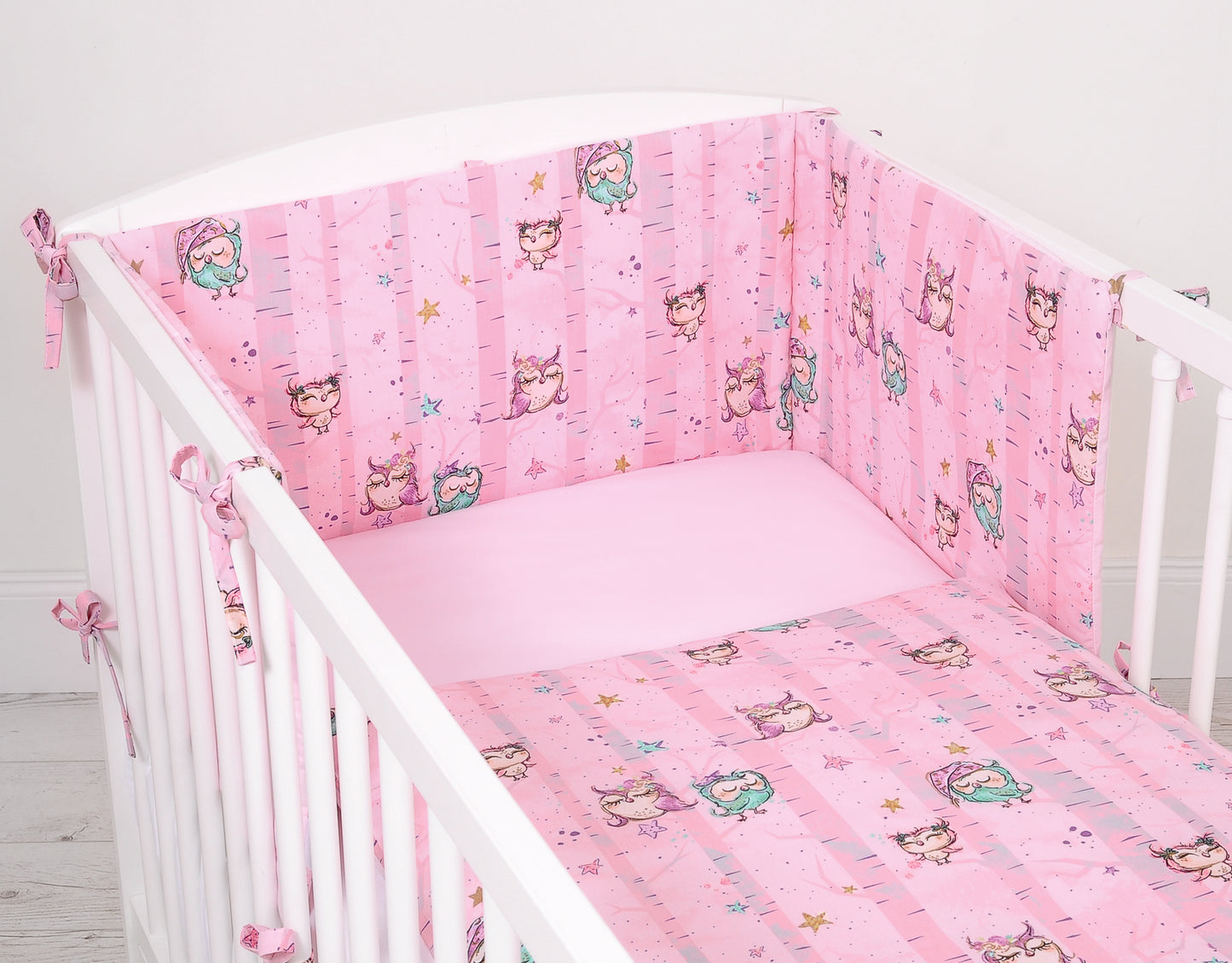 Universal bumper for cot - owls pink – afbeelding 3