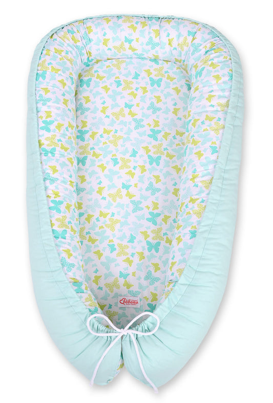 Baby nestje Dubbelzijdige Premium Cocoon for infants BOBONO- blue butterflies/mint – afbeelding 1