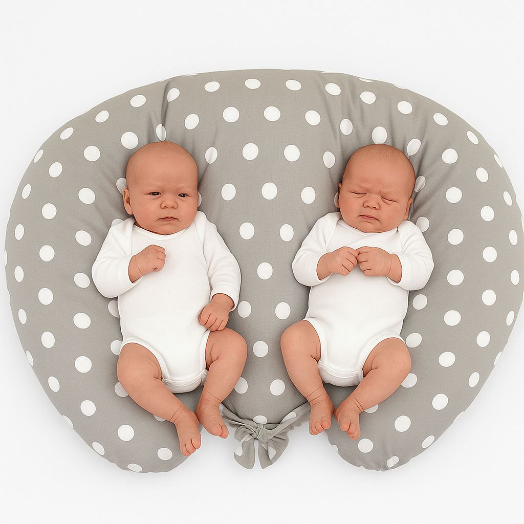 Twin nursing kussen, Breastfeeding Croissant kussen, removable, Hands-Free Feeding- dots on grey – afbeelding 1