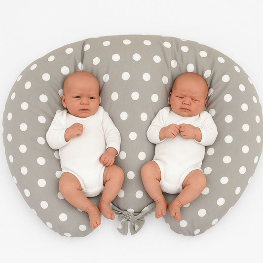 Twin nursing kussen, Breastfeeding Croissant kussen, removable, Hands-Free Feeding- dots on grey – afbeelding 1