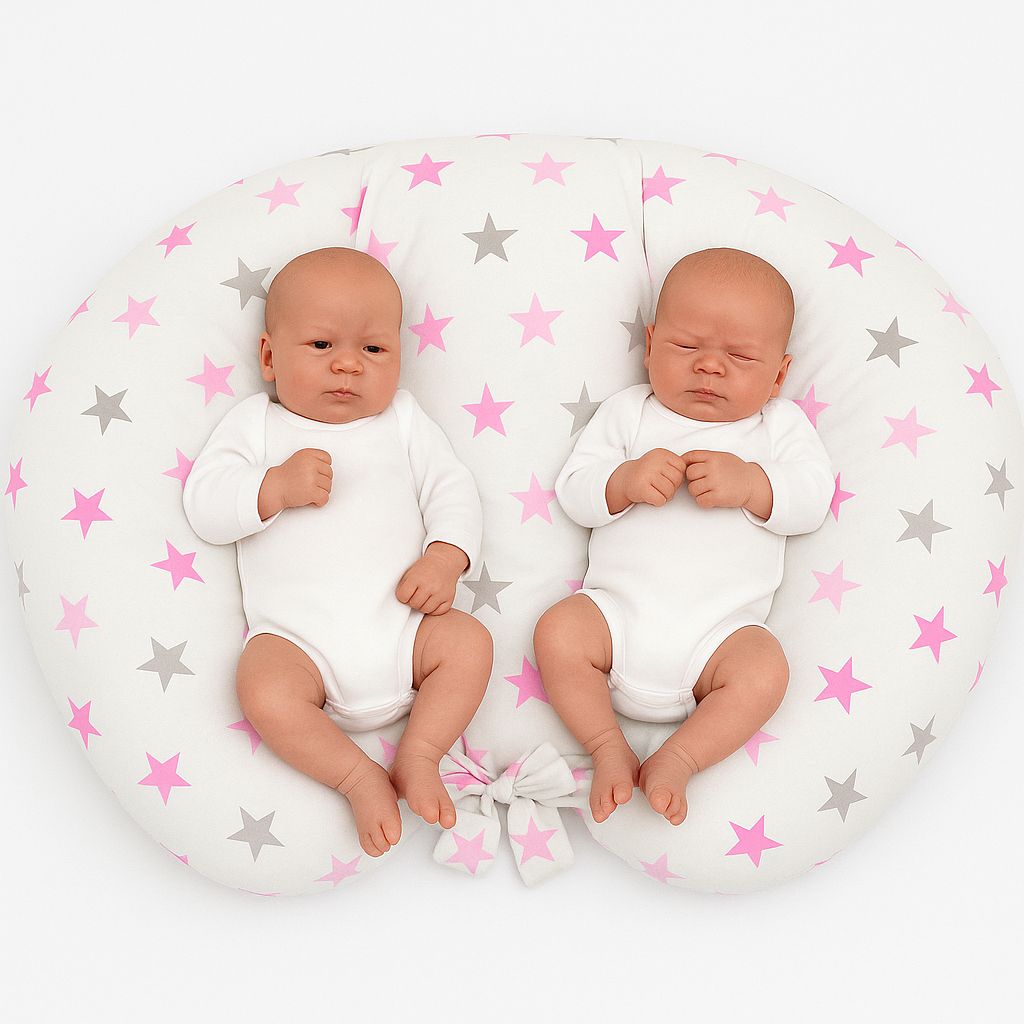 Twin nursing kussen, Breastfeeding Croissant kussen, removable, Hands-Free Feeding- Grey-pink stars – afbeelding 1