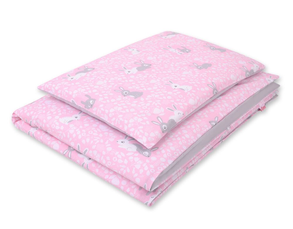Baby cotton bedding set 2-pcs 135x100 cm- pink rabbits/grey – afbeelding 1