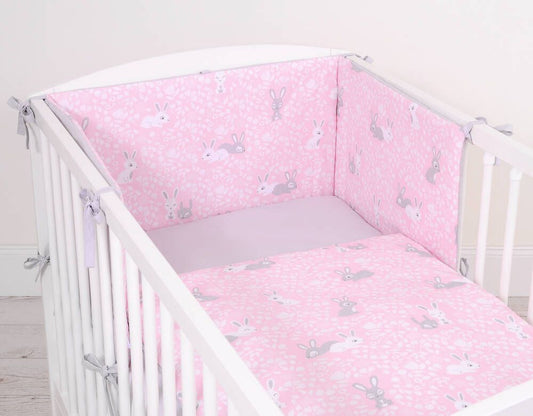 Baby cotton bedding set 2-pcs 120x90 cm- pink rabbits/grey – afbeelding 2