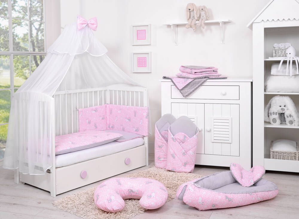 Baby cotton bedding set 2-pcs 120x90 cm- pink rabbits/grey – afbeelding 3