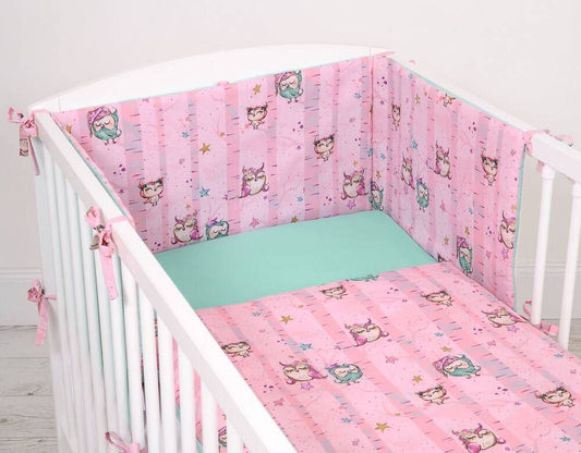 Baby cotton bedding set 2-pcs 120x90 cm- owls pink-mint – afbeelding 2
