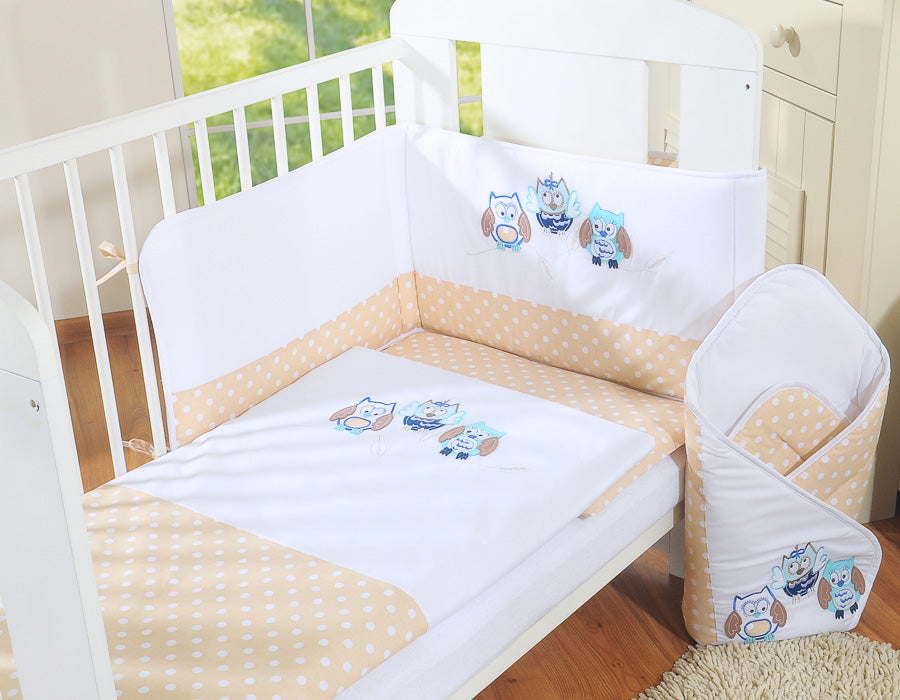 Baby bedding set 135x100 cm with bumper 3-pcs Beige owls with beige and blue embroidery – afbeelding 2
