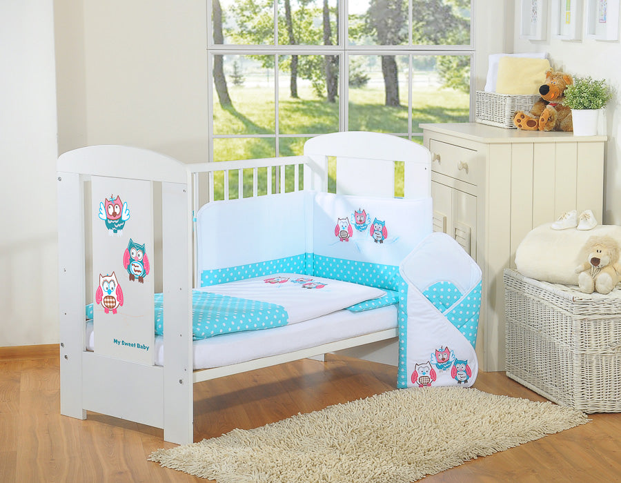 Baby bedding set 135x100 cm with bumper 3-pcs Turquoise Owls with pink and turquoise embroidery – afbeelding 1