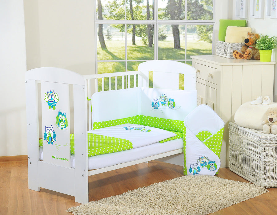 Baby bedding set 135x100 cm with bumper 3-pcs Green Owls with green and turquoise embroidery – afbeelding 1