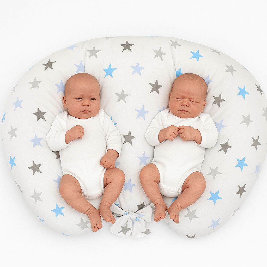 Twin nursing kussen, Breastfeeding Croissant kussen, removable, Hands-Free Feeding- Grey-blue stars – afbeelding 1